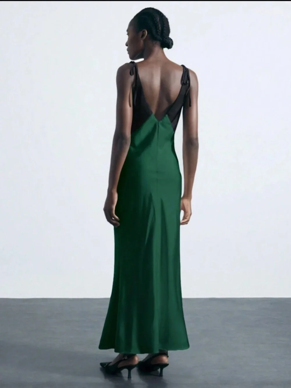 Satin Two-Tone Maxi Slip Dress in Emerald Green - Picture 2 of 4
